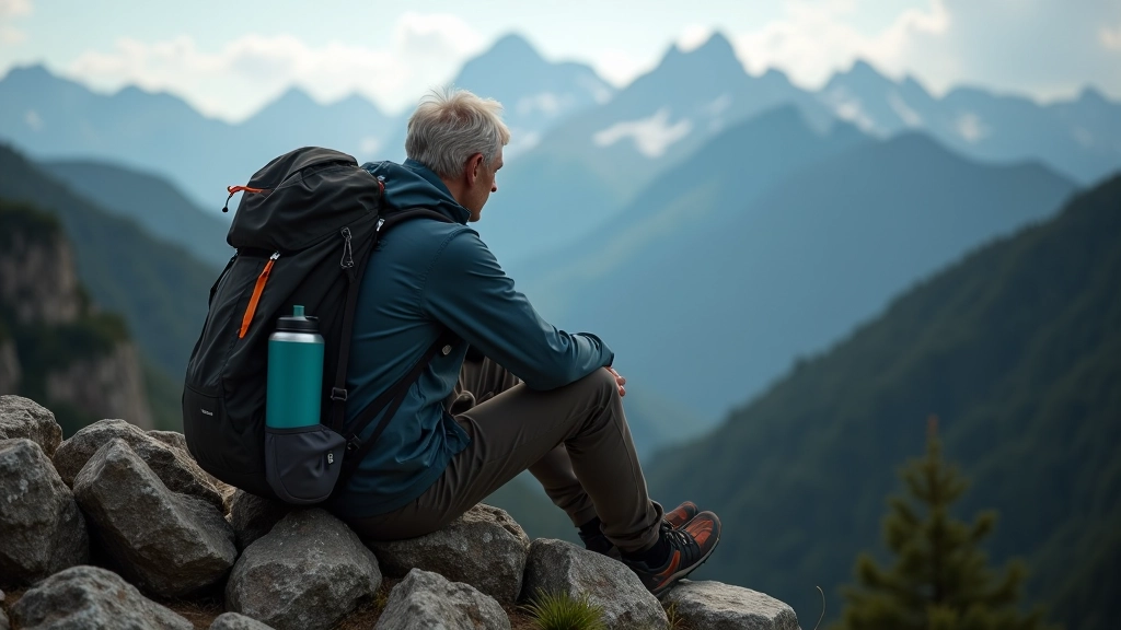 Reusable hydration backpack s lahví na suchém místě na kamenném výchozu během horské túry