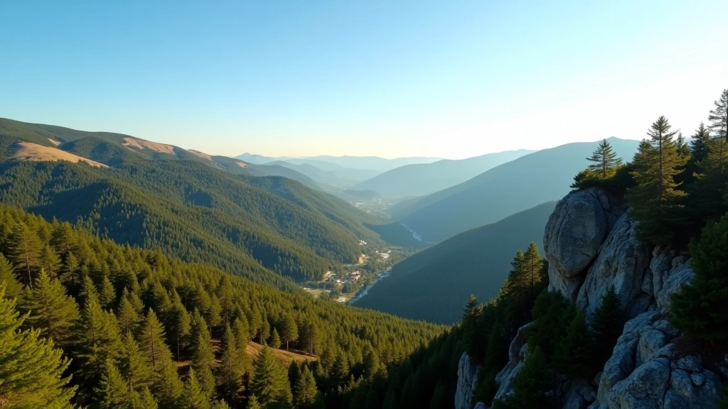 Panoramata z výšky ukazující doliny a lesy Českého Švýcarska pod jasným modrou oblohou